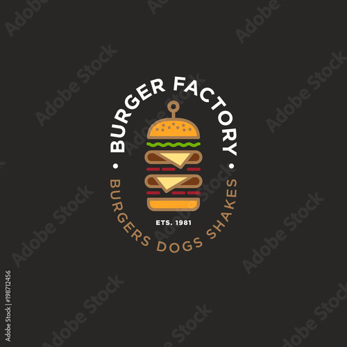 Burger factory logo. Hamburger restaurant emblem. Colored Linear flat logo. Big burger and letters on a dark background.