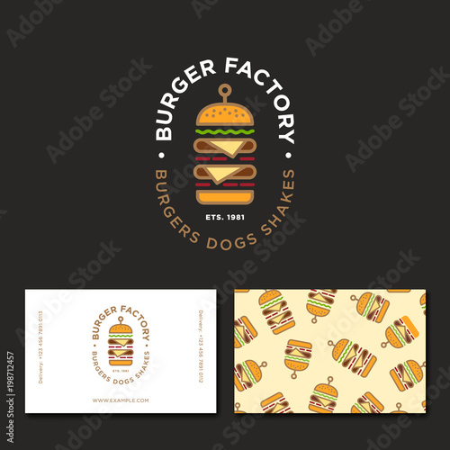Burger factory logo. Hamburger restaurant emblem. Colored Linear flat logo. Big burger and letters on a dark background. Identity. Business card.