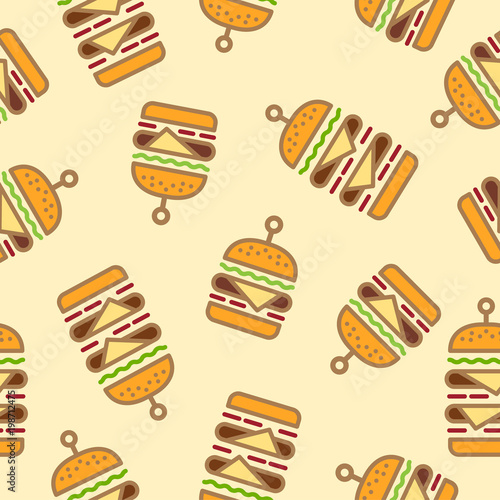 Seamless pattern with burgers and double cheeseburgers on a light background.