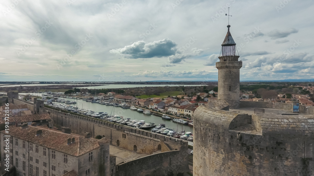 Aerial view of the canal du Rhone A Sete and Constance Tower.