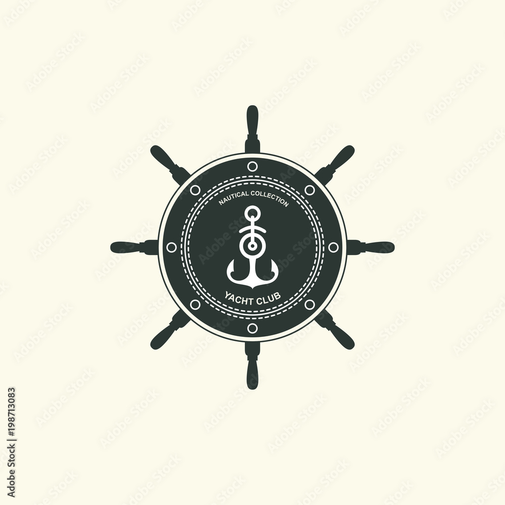 Sea and nautical typography badge and design element. Template for company icon or web decoration. Marine cruise, beach resort, shipbuilding, steering wheel. Vector collection. Logotype Logo Sea and nautical typography badge and design element. Template for company icon or web decoration. Marine cruise, beach resort, shipbuilding, steering wheel. Vector collection. Logotype Logo
