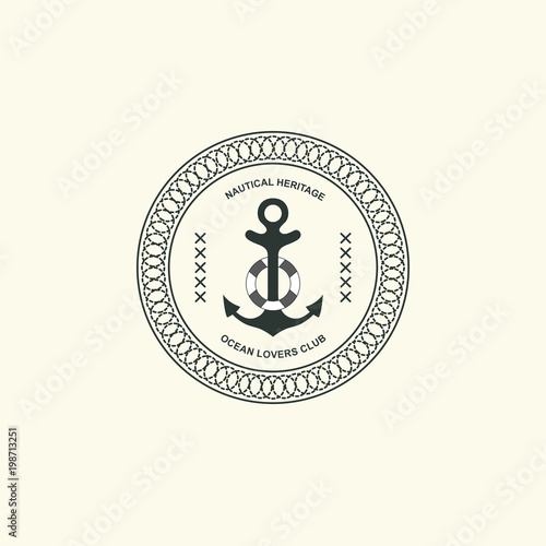 Sea and nautical typography badge and design element. Template for company icon or web decoration. Marine cruise, beach resort, shipbuilding Anchor, steering wheel. Vector collection. Logo
