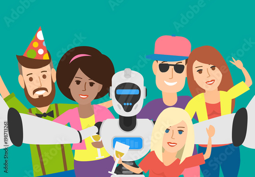 party people taking selfie photo with robot humanoid