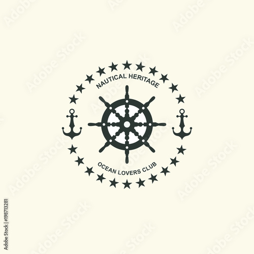 Sea and nautical typography badge and design element. Template for company icon or web decoration. Marine cruise, beach resort, shipbuilding Anchor, steering wheel. Vector collection. Logo