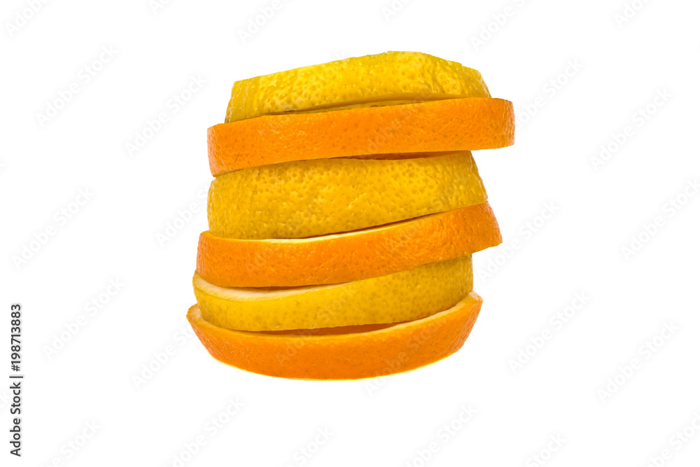 orange fruit and lemon are cut into slices on a white background orange fruit and lemon are cut into slices on a white background