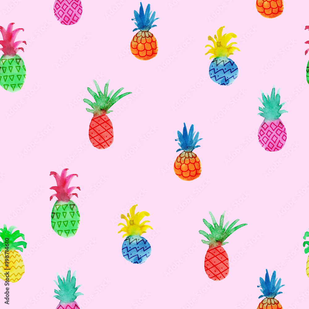 Seamless pattern with multi-colored pineapple on a pink background. Watercolor Seamless pattern with multi-colored pineapple on a pink background. Watercolor