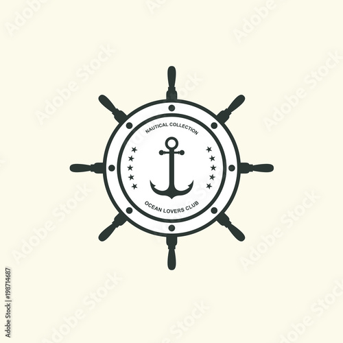 Sea and nautical typography badge and design element. Template for company icon or web decoration. Marine cruise, beach resort, shipbuilding Anchor, steering wheel. Vector collection. Logo
