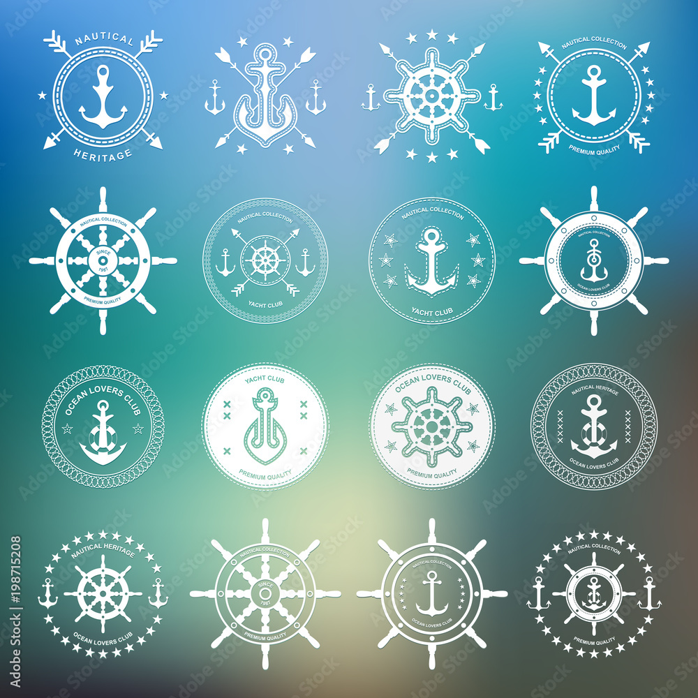 Set of sea and nautical typography badges and design elements. Templates for company icon or web decoration. Marine cruise, beach resort, shipbuilding. Vector collection. Logotype Logo Set of sea and nautical typography badges and design elements. Templates for company icon or web decoration. Marine cruise, beach resort, shipbuilding. Vector collection. Logotype Logo