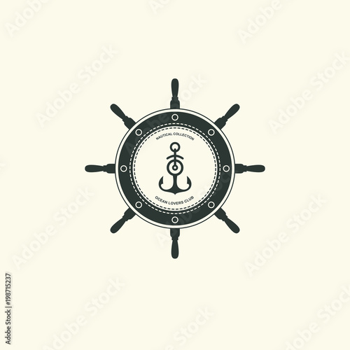 Sea and nautical typography badge and design element. Template for company icon or web decoration. Marine cruise, beach resort, shipbuilding Anchor, steering wheel. Vector collection. Logo