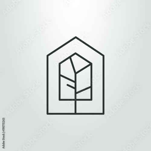 black and white linear geometric house tree icon