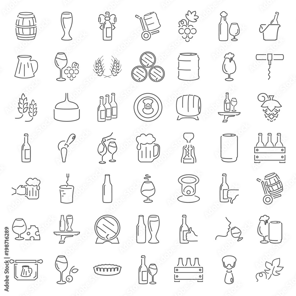 Line wine and beer universal icons set Line wine and beer universal icons set