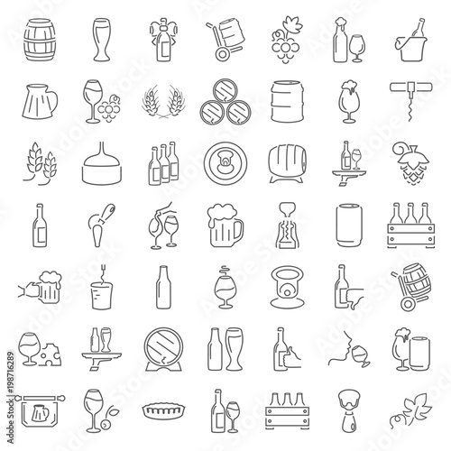 Line wine and beer universal icons set