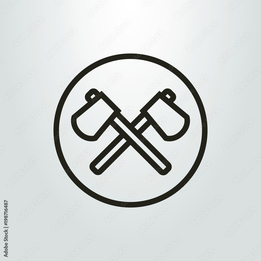 black and white linear icon of two crossed axes in a round frame black and white linear icon of two crossed axes in a round frame