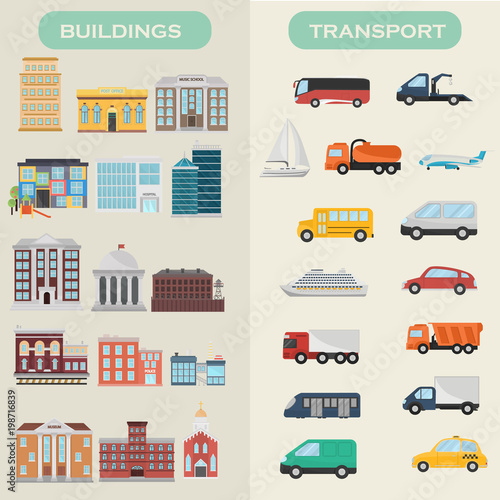 City building elements and transport elements color flat icons set photo