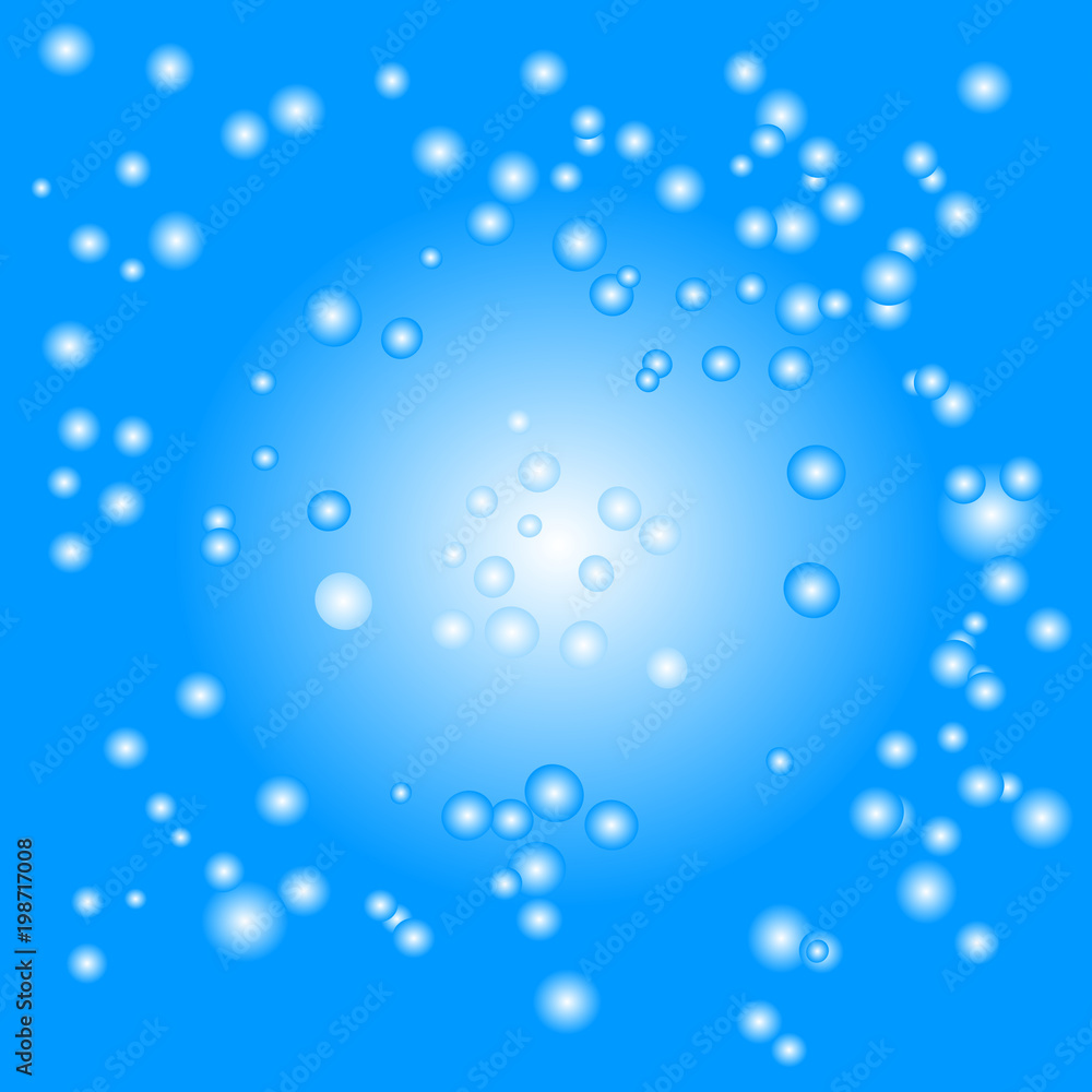 Abstract pattern of blue colored bubbles in various sizes flying in space. Vector illustration. Useful as background, backdrop, or image montage. Snowy sky in winter concepts.