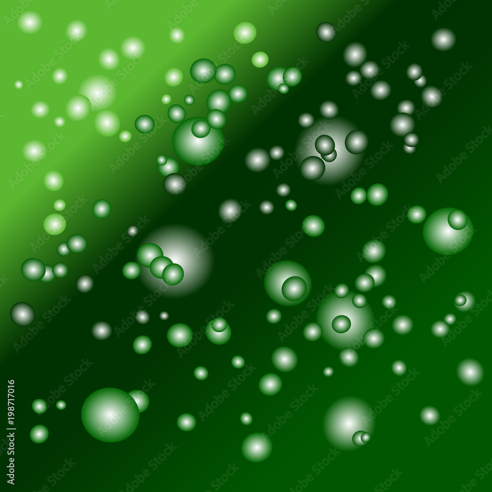 Abstract pattern of green colored bubbles in various sizes flying in gradient space. Vector illustration. Useful as background, backdrop, or image montage. Green environmental concept.