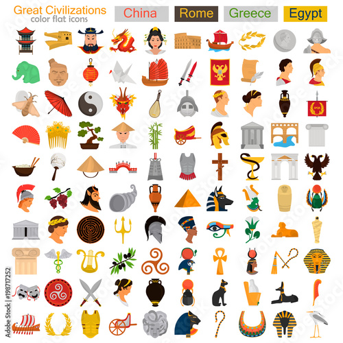 Four Great civilizations color flat icons set
