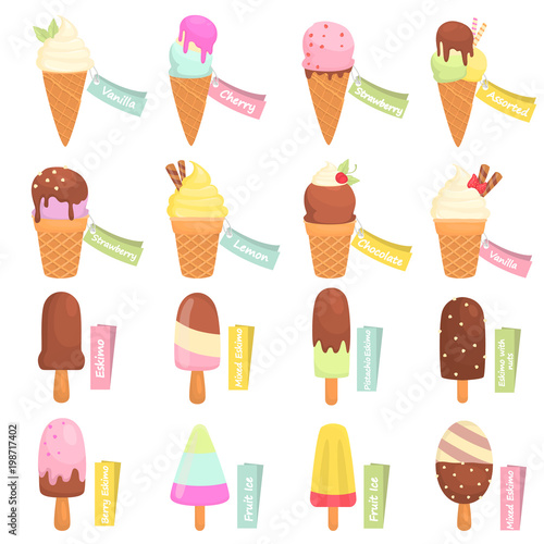 Different tastes ice cream with tag names color flat icons set