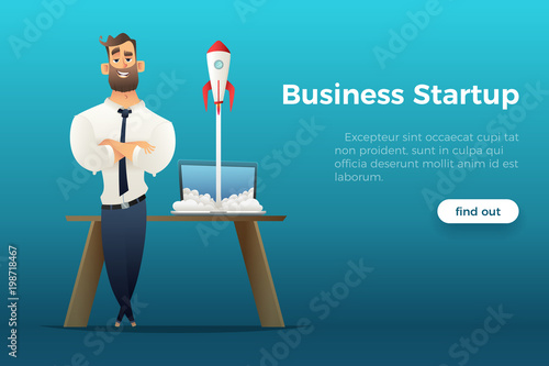 Businessman standing by the desk with a laptop, a rocket is starting from the laptop. Business startup concept. Successful launch of Internet project