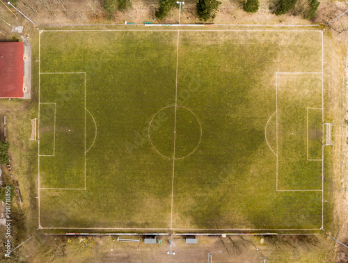 Aerial view of a football field of a district league team in a village in the heath