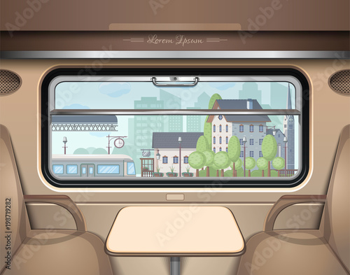 View of the railway station from the train window. Travel and transportation by train. Train Journey. Vector illustration