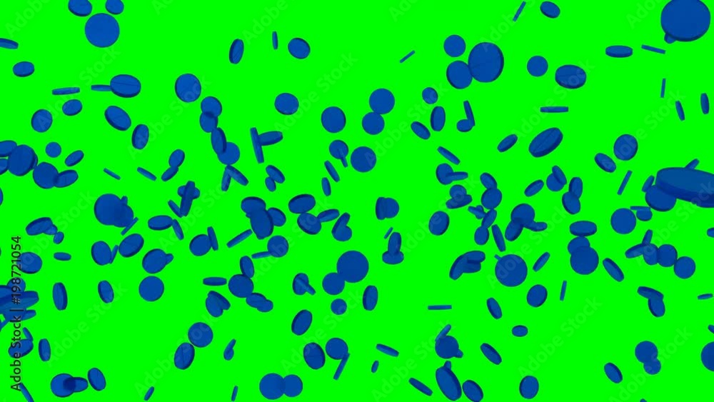 Animated a lot of blue round compress tablet candy pills dancing or flying against green background. Animated a lot of blue round compress tablet candy pills dancing or flying against green background.
