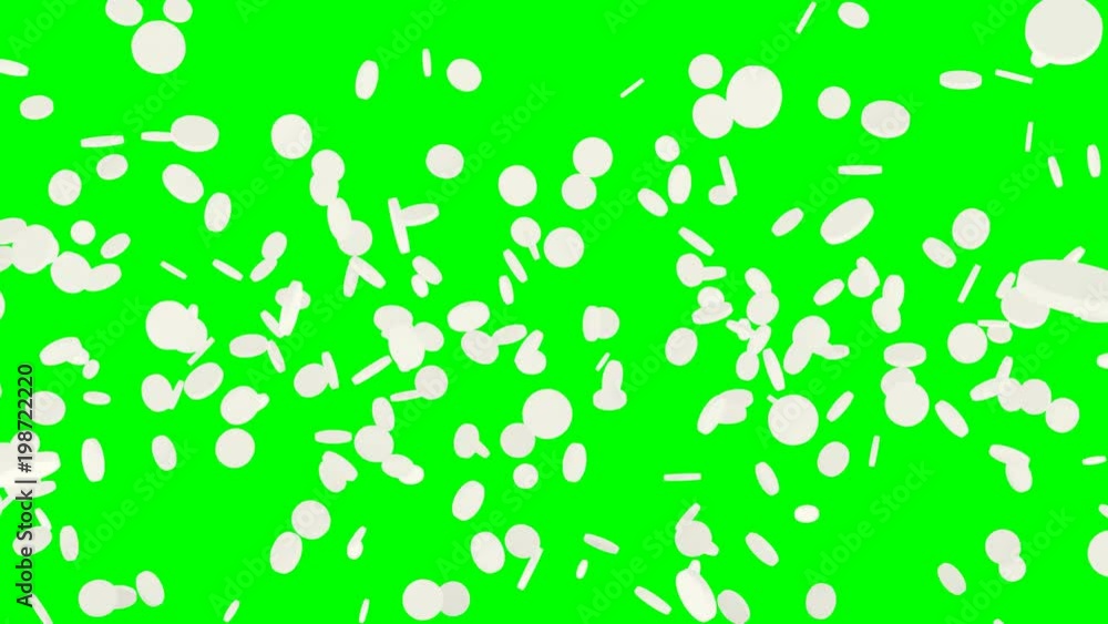 Animated a lot of white round compress tablet pills dancing or flying against green background. Animated a lot of white round compress tablet pills dancing or flying against green background.