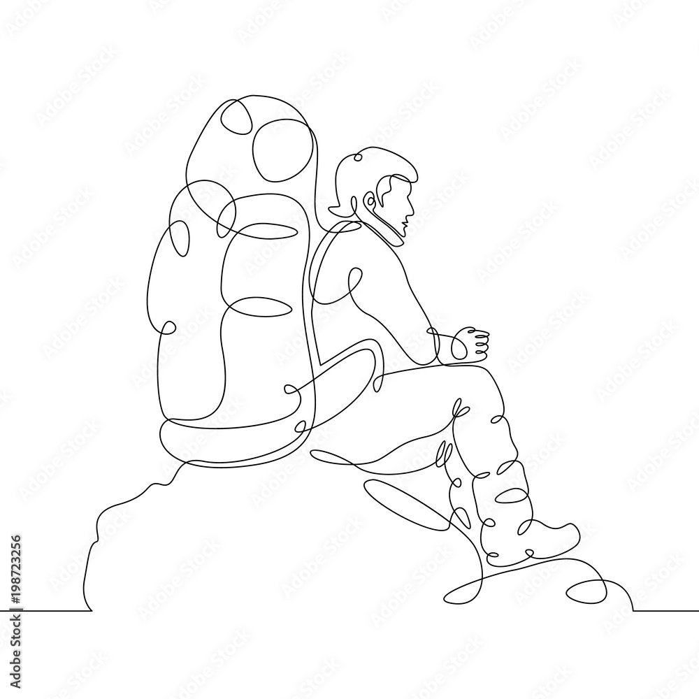 Continuous single one drawn line of the tourist character tourist with a backpack on a rock