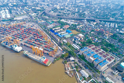 Aerial view ship yard container port terminal in habour