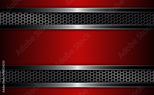 Geometric design with metal grille and red frame.