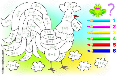 Mathematical worksheet for young children on addition and subtraction. Need to solve examples and paint the picture in relevant colors. Developing skills for counting. Vector image.