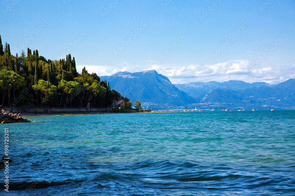 Garda lake, Sirmione, Italy. Beautiful view to the lake and mountains.