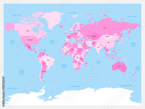 World map atlas. Pink colored political map with blue seas and oceans. Vector illustration.