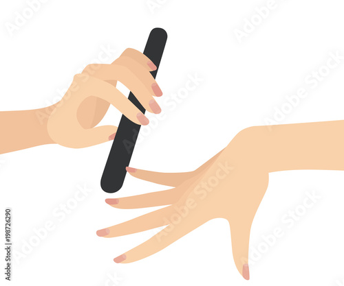 Elegant Woman Hands Filing Nails, Manicure Beauty Salon Flat Vector Illustration Isolated on White