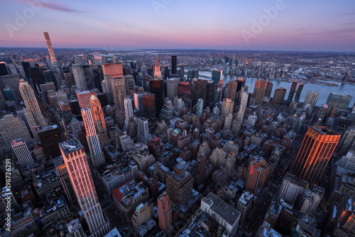 Aerial view of Midtown Manhattan skyscrapers at Sunset, Murray Hill, New York City