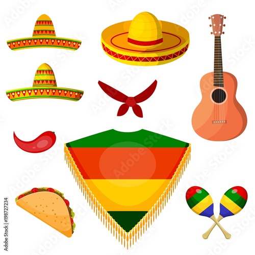 Set of items in the national style of a Mexican musician. Vector illustration
