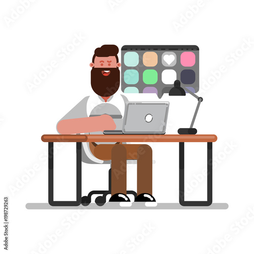 Man designer searching for references on laptop