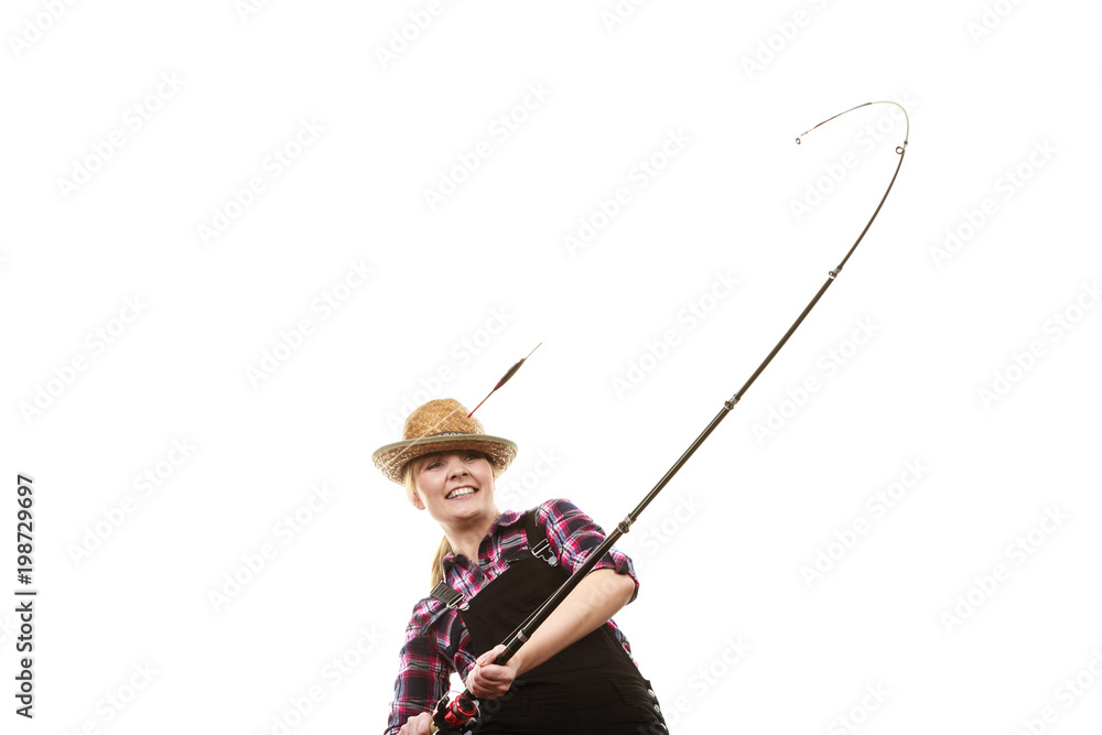 Happy woman in sun hat holding fishing rod Happy woman in sun hat holding fishing rod