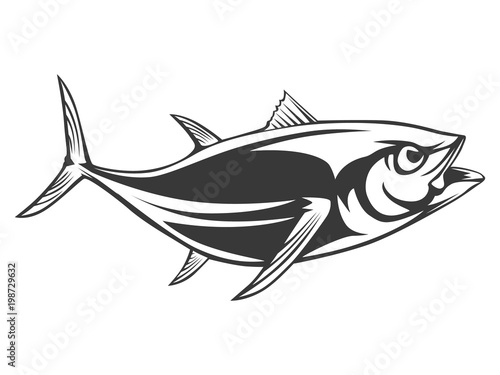 Tuna big fishing on white logo illustration. illustration can be used for creating logo and emblem for fishing clubs, prints, web and other crafts.