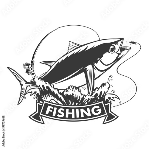 Tuna big fishing on white logo illustration. illustration can be used for creating logo and emblem for fishing clubs, prints, web and other crafts.
