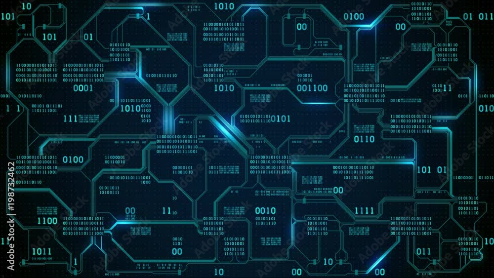 Abstract futuristic electronic circuit board with binary code, neural network and big data - an element of artificial intelligence, matrix background with digits, seamless loop Abstract futuristic electronic circuit board with binary code, neural network and big data - an element of artificial intelligence, matrix background with digits, seamless loop