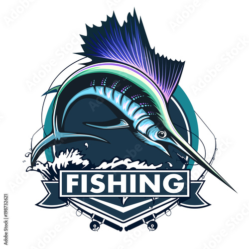 Marlin fish logo.Sword fishing emblem for sport club. Angry fish background theme vector illustration.