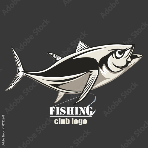 Tuna big fishing on white logo illustration. Vector illustration can be used for creating logo and emblem for fishing clubs, prints, web and other crafts.