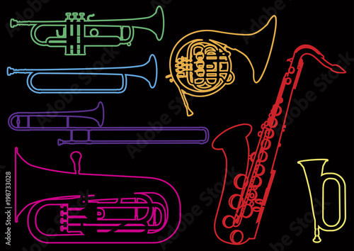A set of illustrations of wind musical instruments