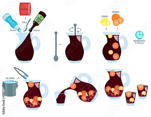 Sangria Cocktail recipe ingredients isolated vector colorful illustration