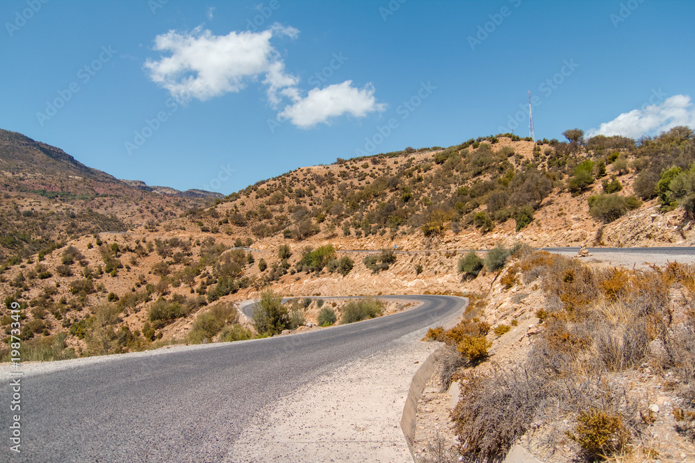 Winding road with trees in red Atlas Mountains, Morocco, Africa. Winding road with trees in red Atlas Mountains, Morocco, Africa.