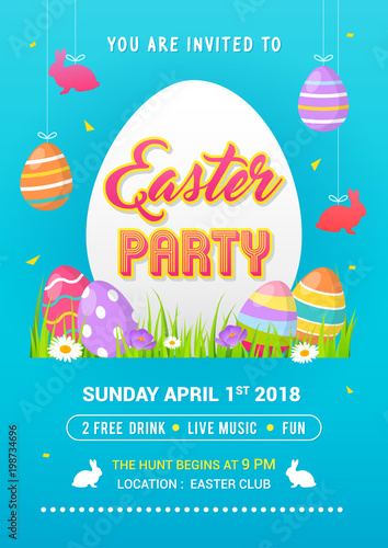 Easter Party poster vector illustration. Hanging decorations, Colorful Easter eggs on spring field.