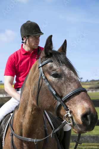 Handsome horse rider on horseback in paddocks with blue sky 