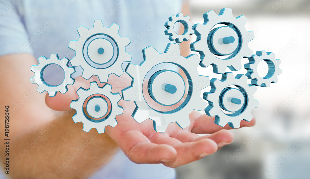 Businessman holding colorful gear icons in his hand 3D rendering Businessman holding colorful gear icons in his hand 3D rendering
