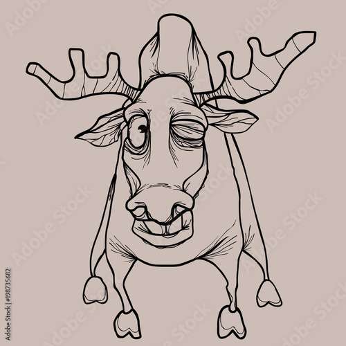 cartoon horned dried elk winks in pencil drawing